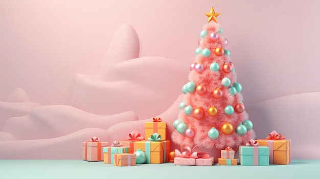 voluminoso árbol de Navidad con regalos de colores brillantes en formas orgánicas y geométricas de color rosa claro y naranja claro