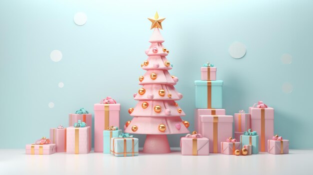 voluminoso árbol de Navidad con regalos de colores brillantes en formas orgánicas y geométricas de color rosa claro y naranja claro