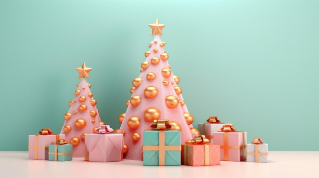 voluminoso árbol de Navidad con regalos de colores brillantes en formas orgánicas y geométricas de color rosa claro y naranja claro