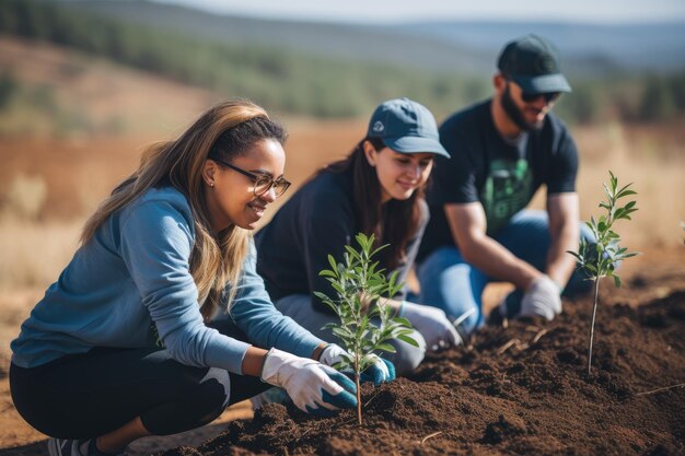 Voluntariado Jovens voluntários ao ar livre reflorestamento IA generativa