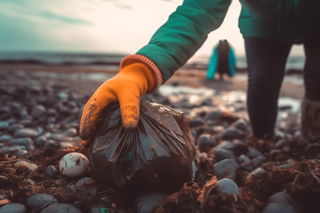 voluntário coleta lixo em uma praia lamacenta O conceito do Dia da Terra