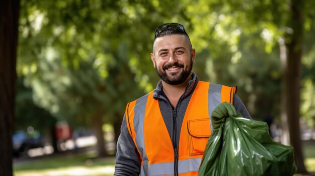 Voluntario masculino con ropa especial se dedica a limpiar el territorio de la ciudad de la basura