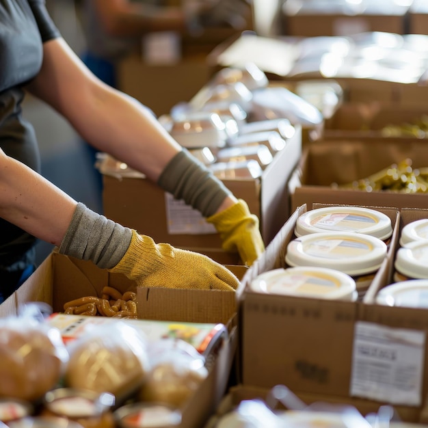 Voluntario organizando alimentos en cajas en un banco de alimentos preparando suministros para distribuirlos a los necesitados