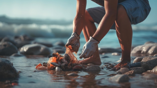 Voluntário pega lixo na praia perto do oceano