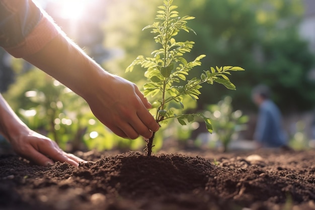 Voluntario plantando un nuevo árbol en la tierra en un jardín urbano con IA generativa