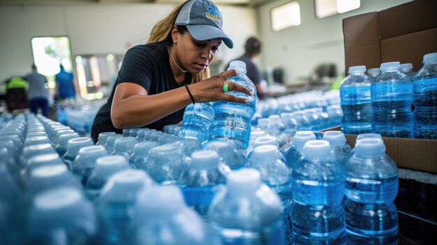 Voluntário prepara garrafas de água limpa para caridade