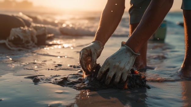 Voluntario recoge basura en la playa cerca del océano