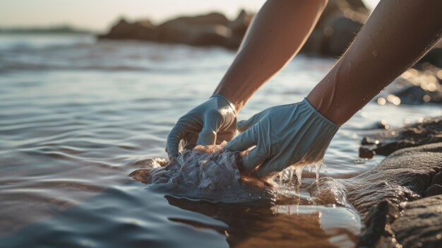 Voluntario recoge basura en la playa cerca del océano