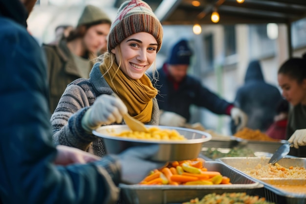 Voluntário servindo comida em um abrigo para sem-abrigo