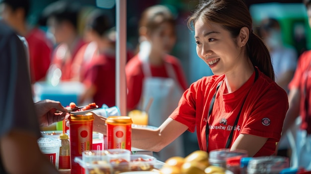 Voluntário sorridente interagindo com membros da comunidade em uma barraca de comida de serviço público