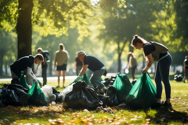 Voluntários a apanhar lixo no parque