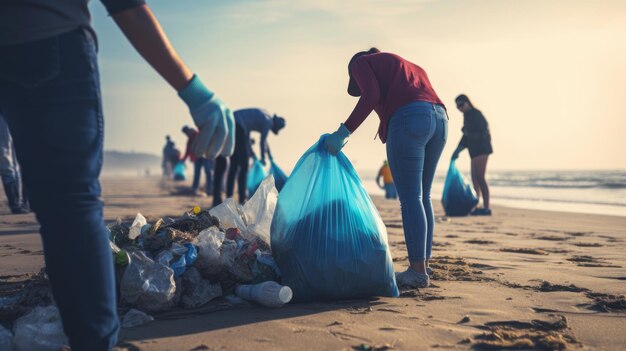 Voluntários a recolher lixo plástico na praia.