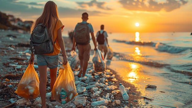 Foto voluntários adolescentes limpando a praia coletando lixo em sacos de plástico ao pôr do sol