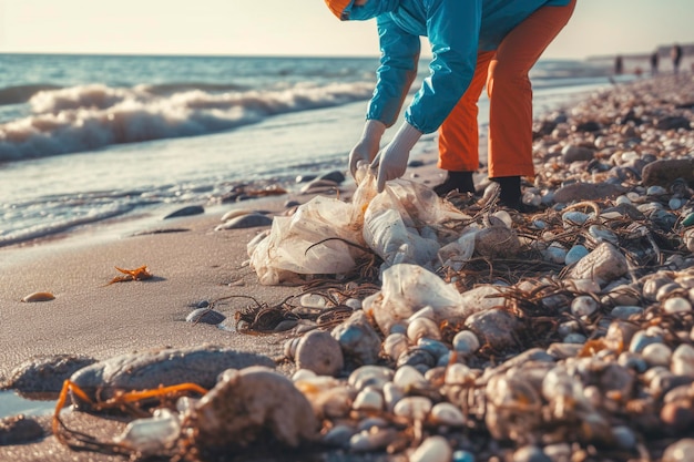 Voluntários coletam lixo e poluição de uma praia após uma tempestade gerada por Ai
