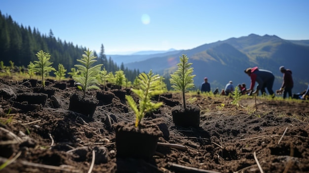 Voluntarios comprometidos restaurando un bosque después de un incendio forestal IA generativa