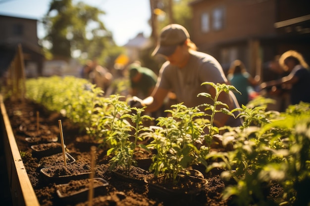 Voluntarios construyendo un jardín comunitario de IA generativa