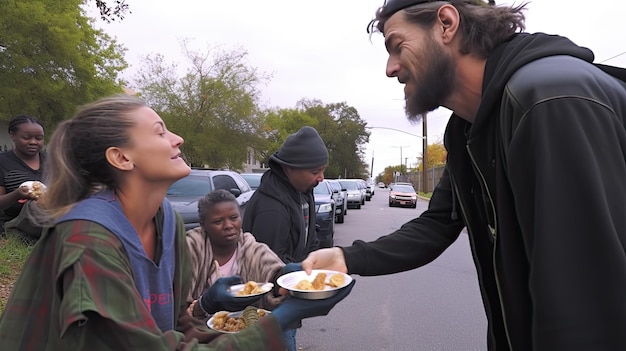 Foto voluntários dando comida a desabrigados