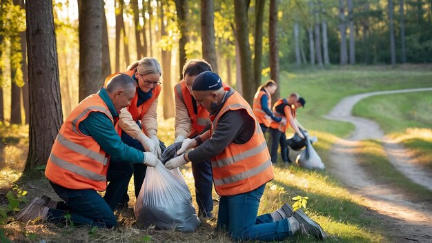 Voluntários dobrando lixo em sacos de plástico na floresta