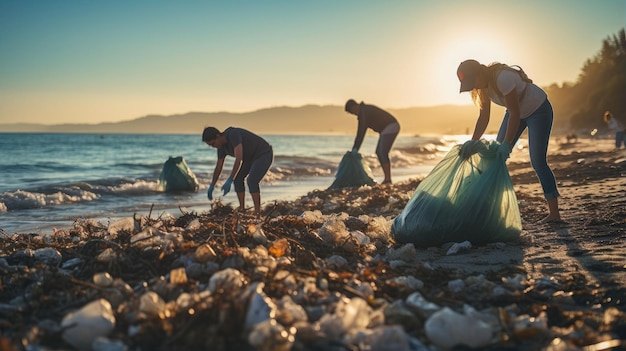 Voluntarios ecológicos recogiendo basura plástica en la playa.