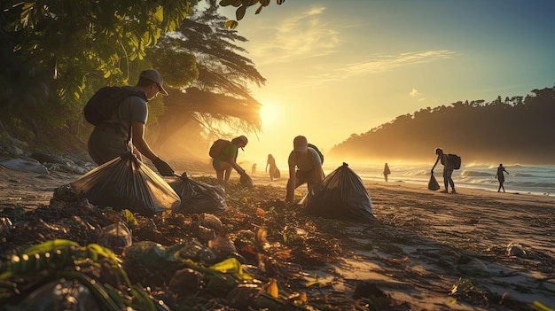 Foto voluntarios ecológicos recogiendo basura plástica en la playa.