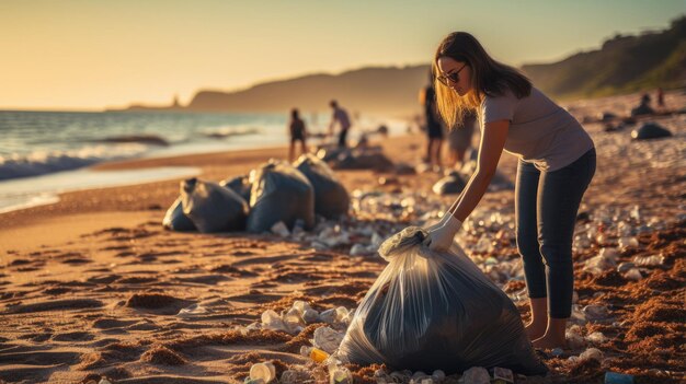 voluntários ecológicos recolhendo lixo plástico na praia