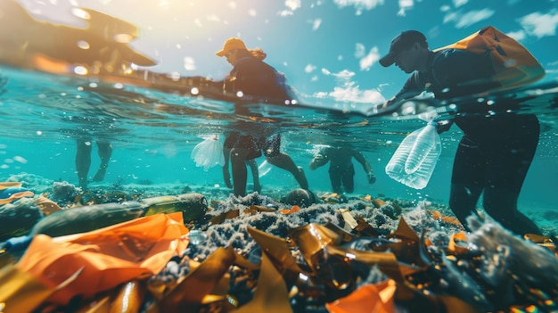 Foto voluntários em uma iniciativa de limpeza dos oceanos recolhem resíduos plásticos, destacando os esforços para reduzir a poluição marinha. perfeito para projetos ambientais e de conservação redução sustentável de carbono