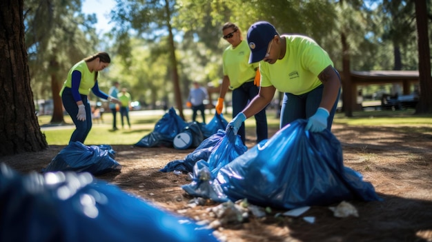 Voluntários estão diligentemente coletando lixo em sacos em um parque, enfatizando o serviço comunitário e a responsabilidade ambiental