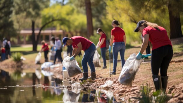 Voluntários estão diligentemente coletando lixo em sacos em um parque, enfatizando o serviço comunitário e a responsabilidade ambiental