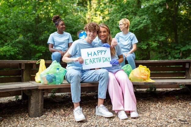 Voluntários felizes segurando cartaz com mensagem 'feliz dia da Terra' Caridade voluntária limpando pessoas e grupo de conceito de ecologia de voluntários felizes com área de limpeza de sacos de lixo no parque