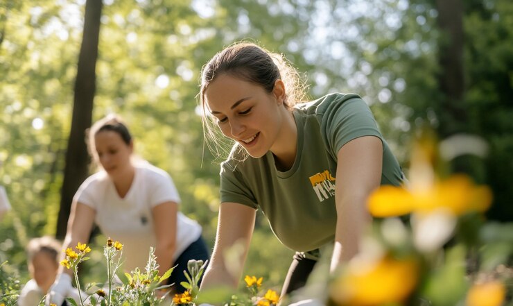 Voluntarios jardineros en el parque mejorando la naturaleza