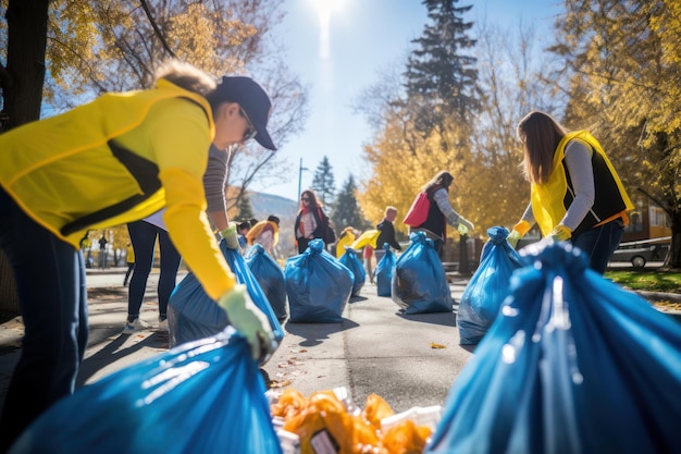 Voluntários limpeza da comunidade de gestão de resíduos simbolizando a responsabilidade coletiva