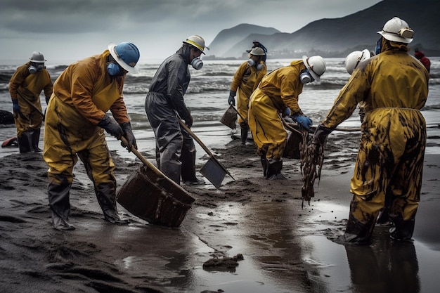 Voluntarios limpiando aceite de una playa