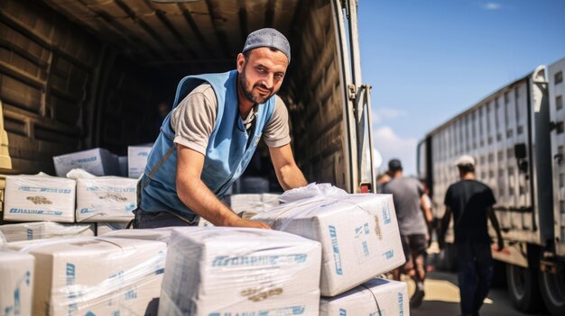 Voluntarios masculinos descargan cajas de ayuda humanitaria del vehículo para los refugiados civiles afectados en el conflicto israelí-palestino, asegurando su seguridad y bienestar durante esta crisis.