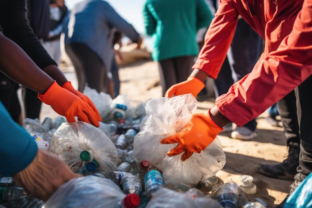 voluntarios personas manos cerca recogiendo basura plástica de la playa gestión responsable de residuos