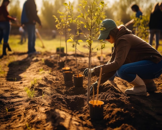 Foto voluntarios plantando un árbol juntos