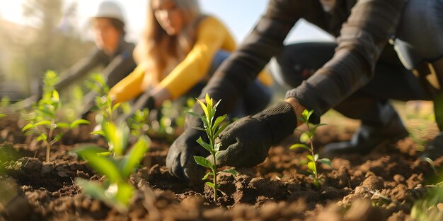 Foto voluntários plantando árvores para o reflorestamento ecológico para salvar o meio ambiente e os ecossistemas conceito voluntários plantando árvores reflorestamento ecoamigável meio ambiente ecosistemas