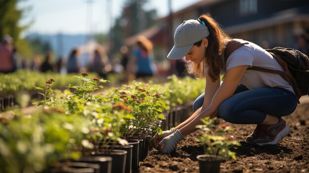 Voluntarios plantando flores y arbustos