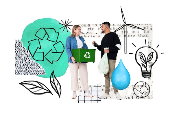 Voluntários png coletando lixo reciclável ambiente doodle remix fundo transparente