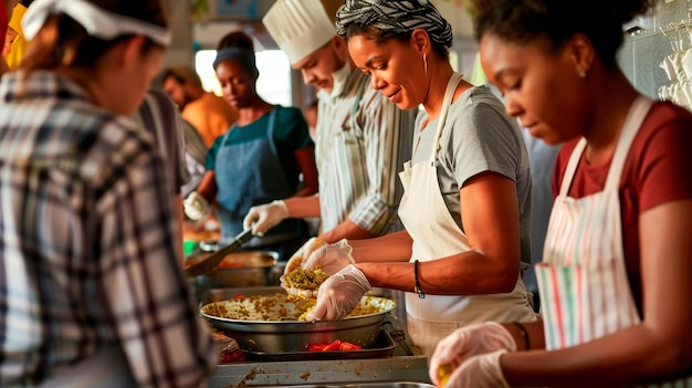 Foto voluntarios que sirven comida en una cocina comunitaria de sopa de colores vibrantes grupo diverso