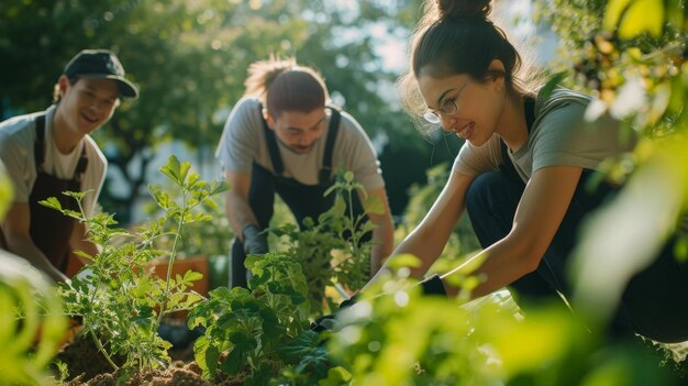 Voluntarios que trabajan juntos para plantar en un jardín vibrante de la ciudad