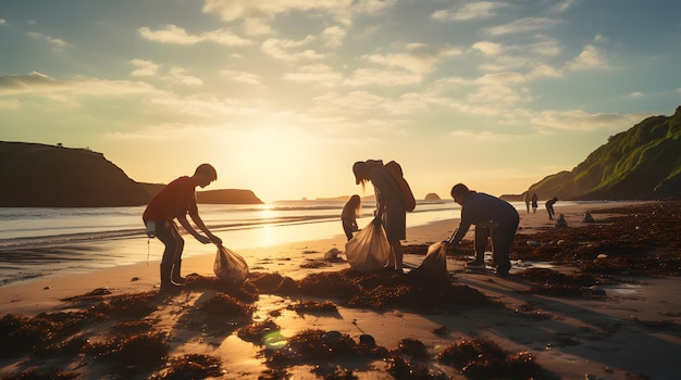 Foto voluntarios recogiendo basura en una playa para evitar la contaminación del océano