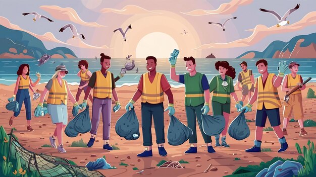 Voluntarios recogiendo basura en la playa