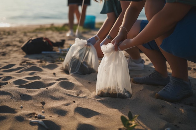 Voluntários recolhendo lixo da praia