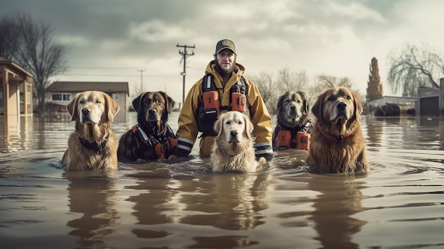 Voluntarios rescatan perros en zona inundada esfuerzos de rescate de desastres naturales IA generativa