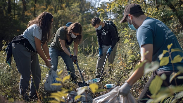 Foto voluntarios respetuosos con el medio ambiente limpian una zona verde