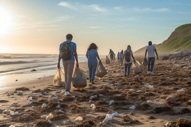 Voluntários unidos em uma limpeza de praia incorporando responsabilidade ambiental
