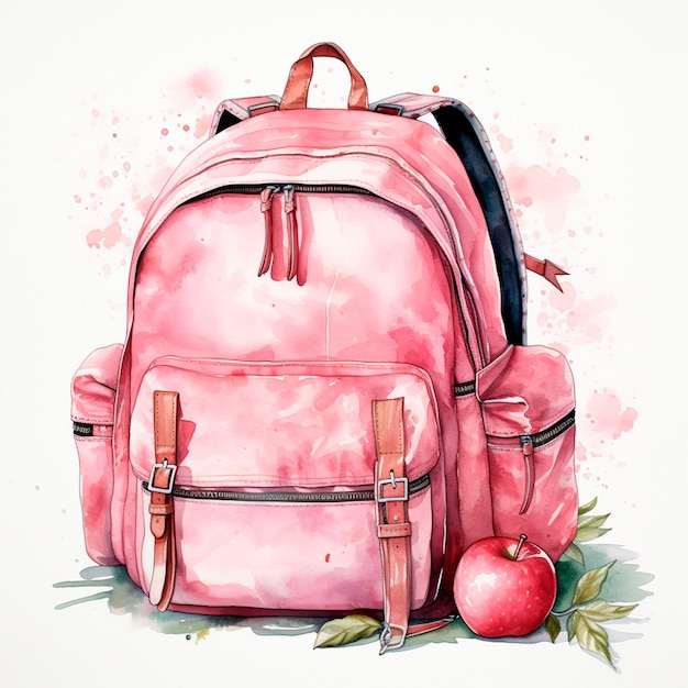 Foto volver a la bolsa de la escuela acuarela al revés ilustración generada por ia aquarela de la bolsa de las escuelas rosa