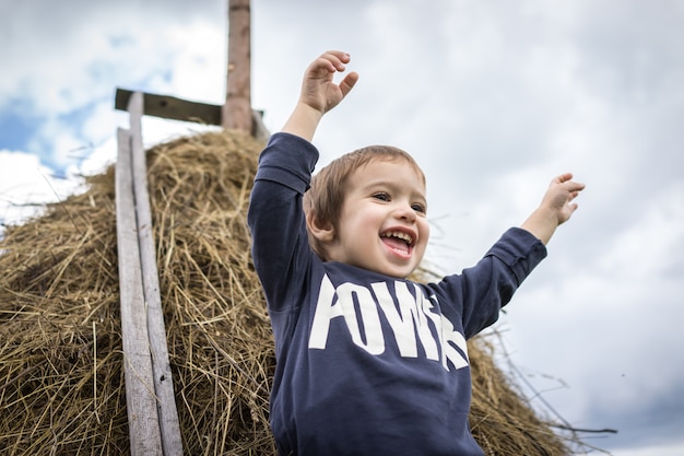 Volver a disfrutar de la naturaleza, niño en heno