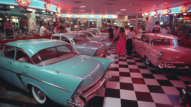 Foto volver en el tiempo con nuestro clásico restaurante americano de los años 50 completo con coches antiguos y los sonidos icónicos de la música jukebox