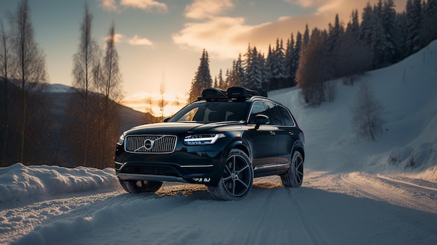 Un volvo xc90 suv negro está conduciendo a través de un paisaje nevado.